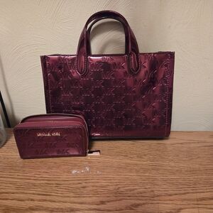 Michael Kors Shiny Purple Tote and Wallet Set. Purse Size Is 10" Wide By 7" Tall